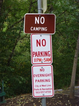 Signage: No camping – No parking 11 PM – 5 AM – No overnight parking